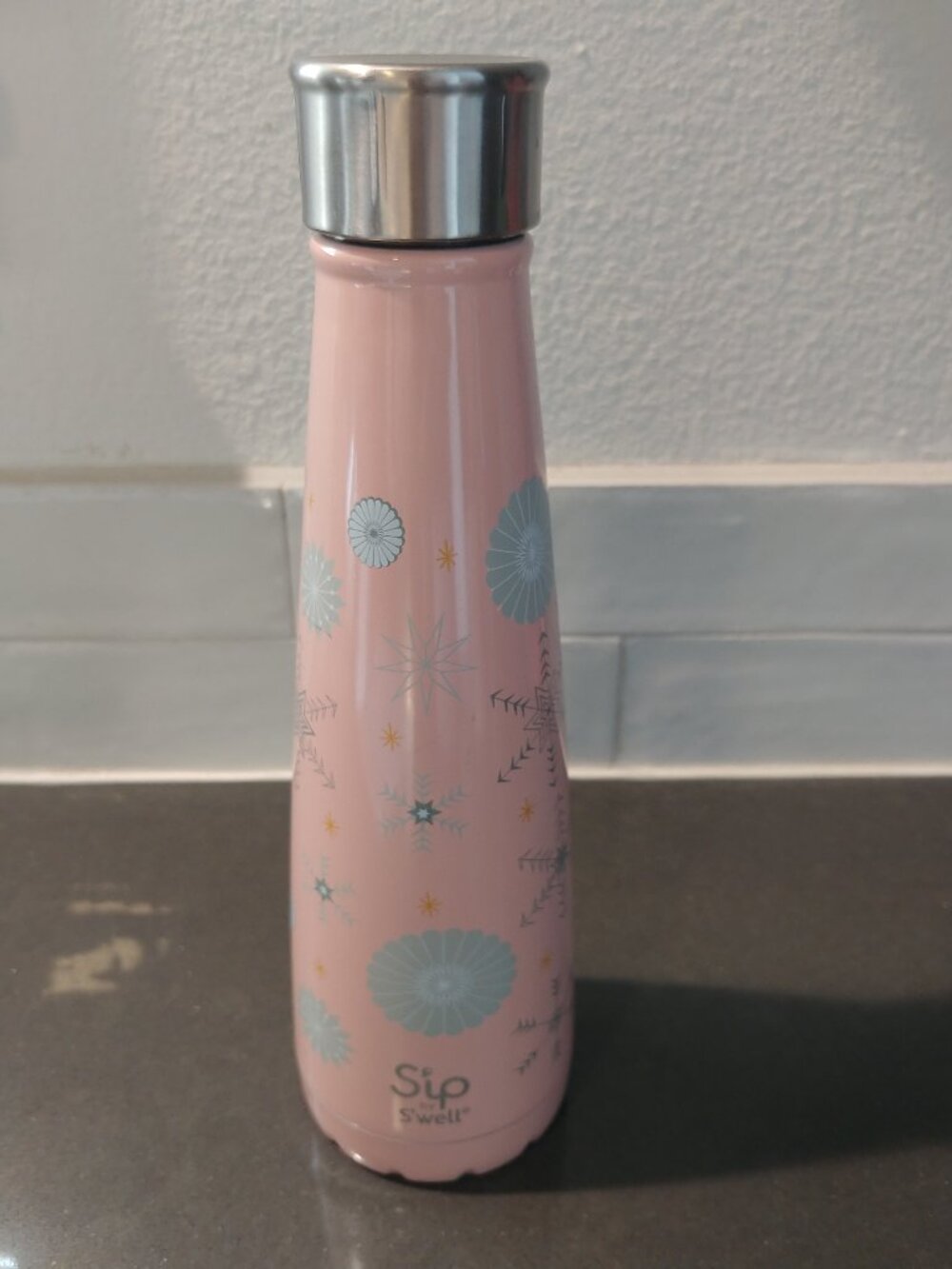 Sip by S'well Insulated Stainless Steel Water Bottle Pink with Snowflake Pattern